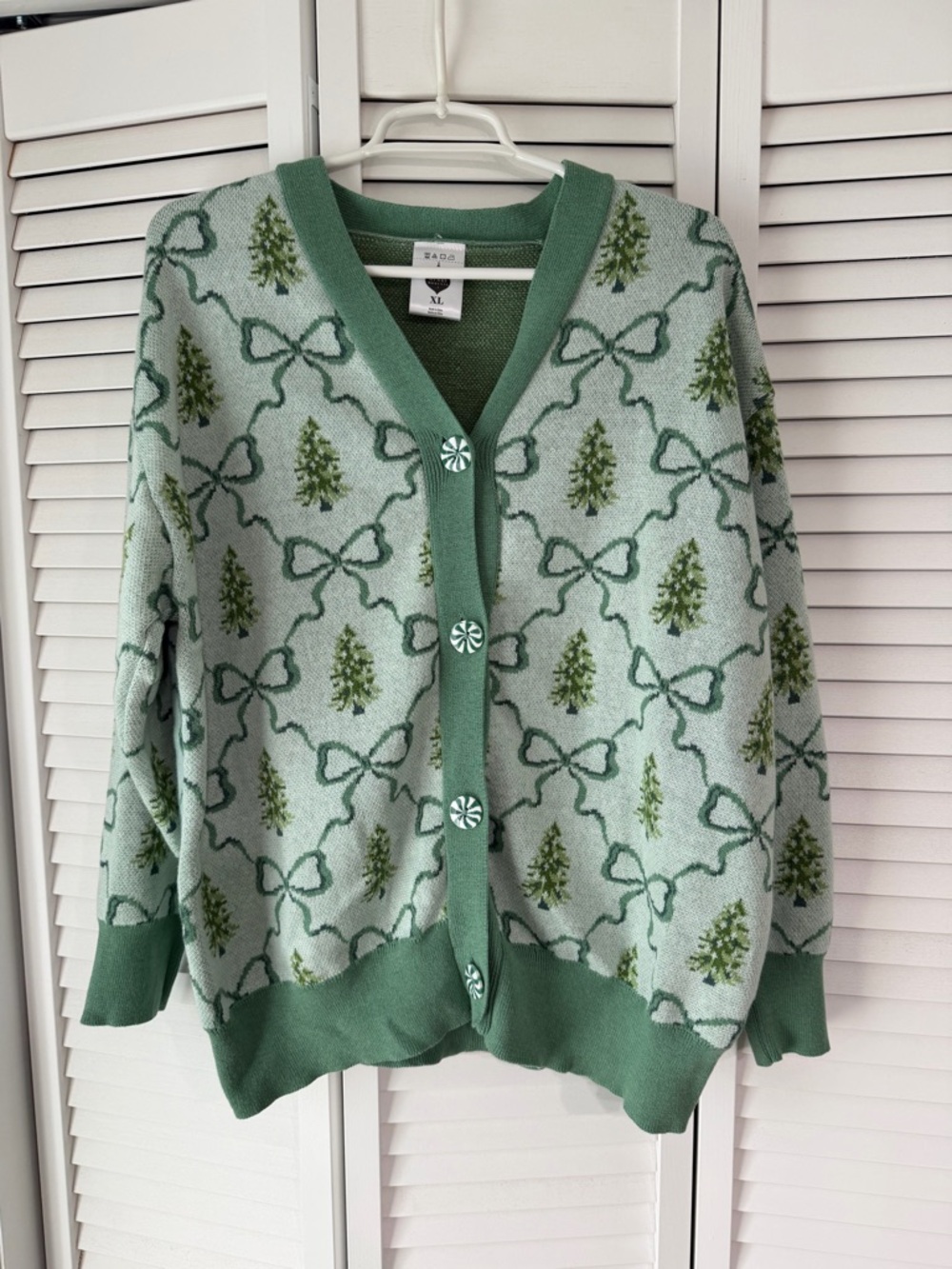 Boden Mint & Forest Green V-Neck Cardigan with Tree & Bow Jacquard
